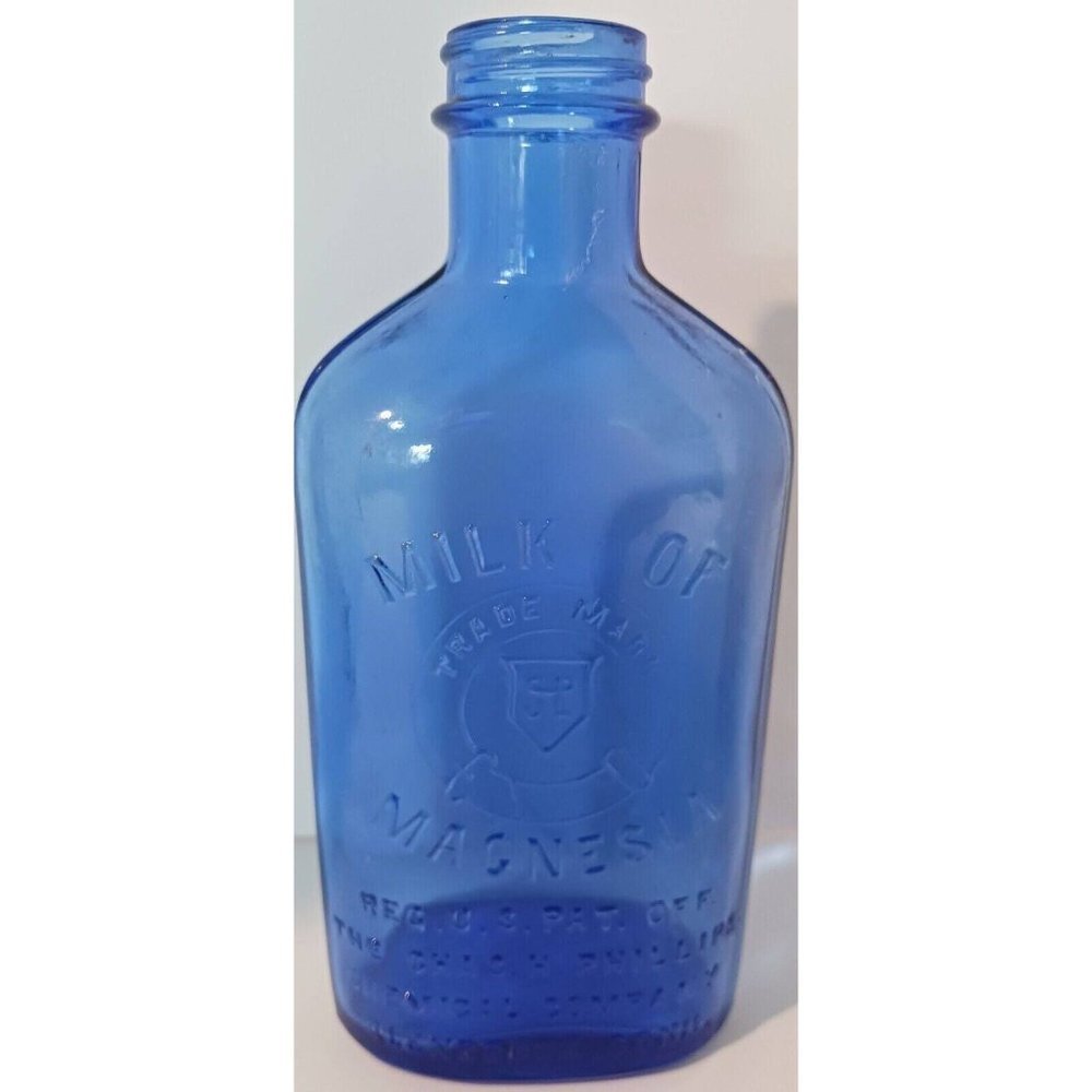 Antique Cobalt Blue Milk of Magnesia Bottle Patent 1906 Chas. Phillips Chemical.